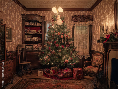 Festive Christmas Tree Decorated with Lights, Ornaments, and Star Topper in Cozy Holiday Setting