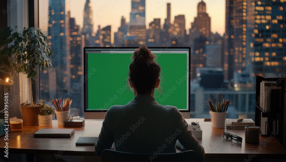 Woman working at desk with green screen monitor, city view. Woman working at desk with green screen monitor, city view.