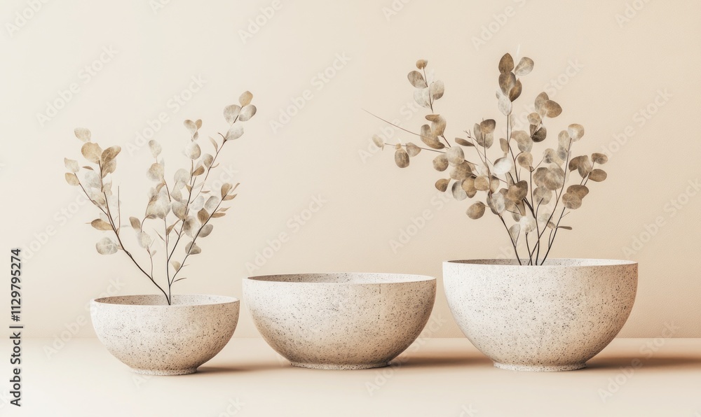 Three speckled bowls with eucalyptus branches. Three speckled bowls with eucalyptus branches.