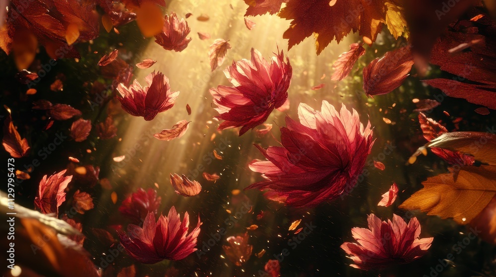 Red Flowers and Leaves Falling in Golden Light Red Flowers and Leaves Falling in Golden Light