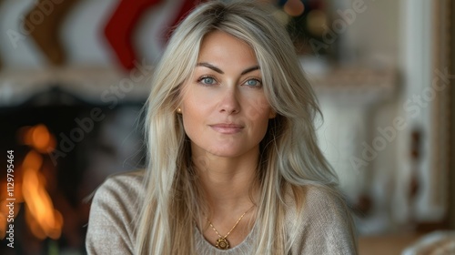 Wallpaper Mural Portrait of a blonde woman with blue eyes, sitting near a fireplace. Torontodigital.ca