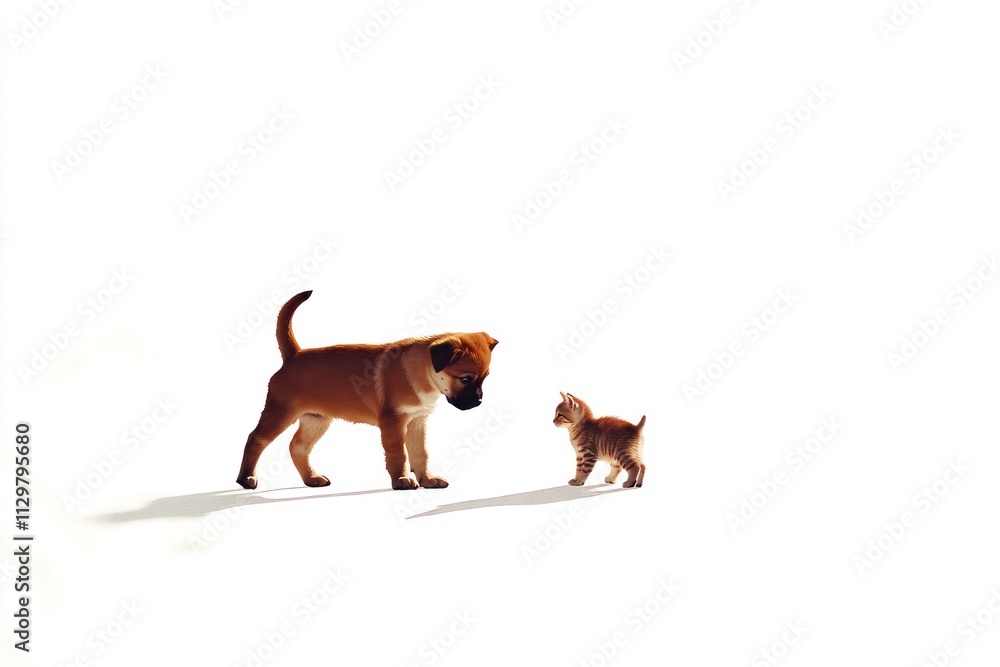 Puppy and kitten facing each other on white background. (1) Puppy and kitten facing each other on white background. (1)