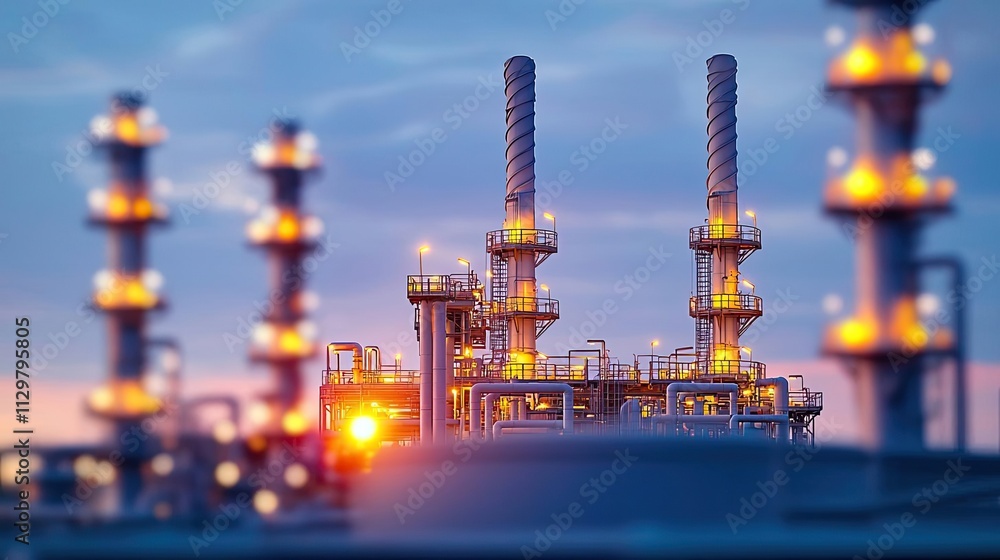 Oil petroleum idea. Industrial facility at sunset with glow from smokestacks and equipment. Oil petroleum idea. Industrial facility at sunset with glow from smokestacks and equipment.