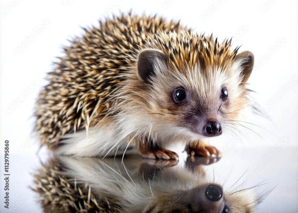 Obraz premium Nocturnal hedgehog portrait: luminous eyes, textured quills, stark white backdrop.