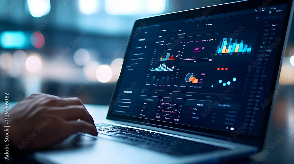 A close-up of a person's hand navigating a data analytics software on a laptop in a modern workspace. A close-up of a person's hand navigating a data analytics software on a laptop in a modern workspace.