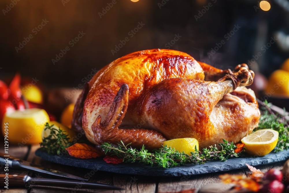 Roasted turkey garnished with lemon and thyme on a dark stone platter. Roasted turkey garnished with lemon and thyme on a dark stone platter.