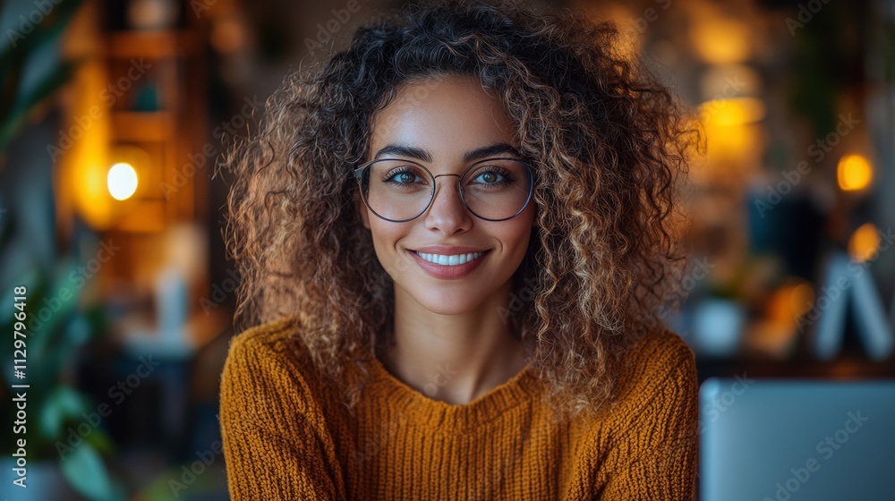 A woman with curly hair smiles warmly while sitting in a cozy workspace during the evening A woman with curly hair smiles warmly while sitting in a cozy workspace during the evening