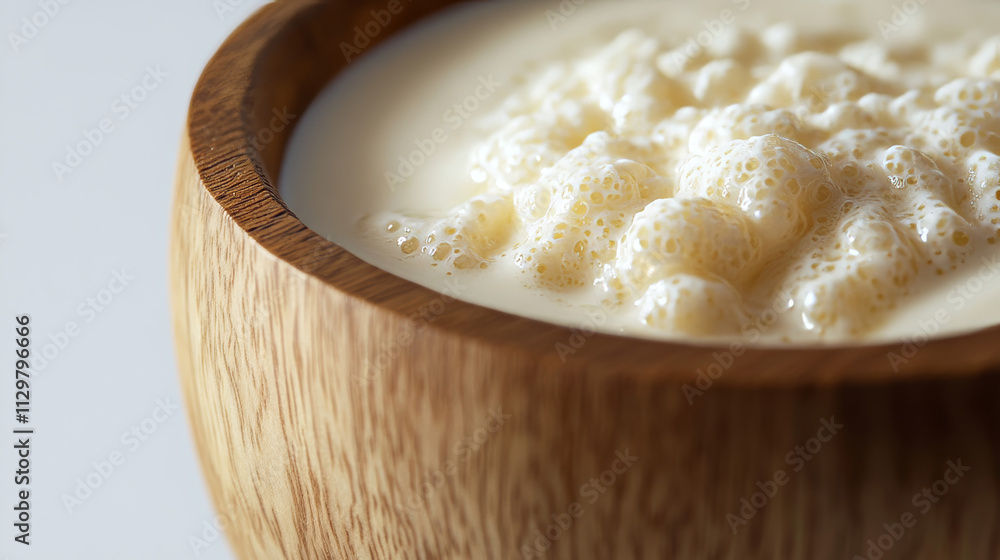 Creamy Yogurt Cultures in Wooden Bowl: Macro Photography Creamy Yogurt Cultures in Wooden Bowl: Macro Photography