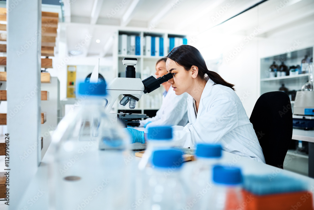 Science, research and women in lab, microscope and healthcare with test results. People, scientist and medical with professional in workplace, equipment or chemistry with breakthrough or check sample Science, research and women in lab, microscope and healthcare with test results. People, scientist and medical with professional in workplace, equipment or chemistry with breakthrough or check sample