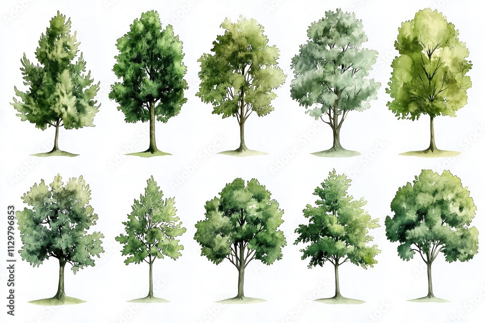 Set of various green trees isolated on white background. Different tree types depicted in watercolor style. Perfect for landscape design projects environmental illustrations. Ideal for use in Set of various green trees isolated on white background. Different tree types depicted in watercolor style. Perfect for landscape design projects environmental illustrations. Ideal for use in