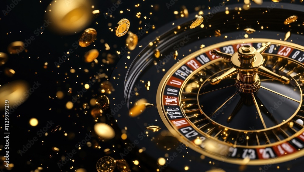 Naklejka premium Golden Roulette Wheel with Falling Coins