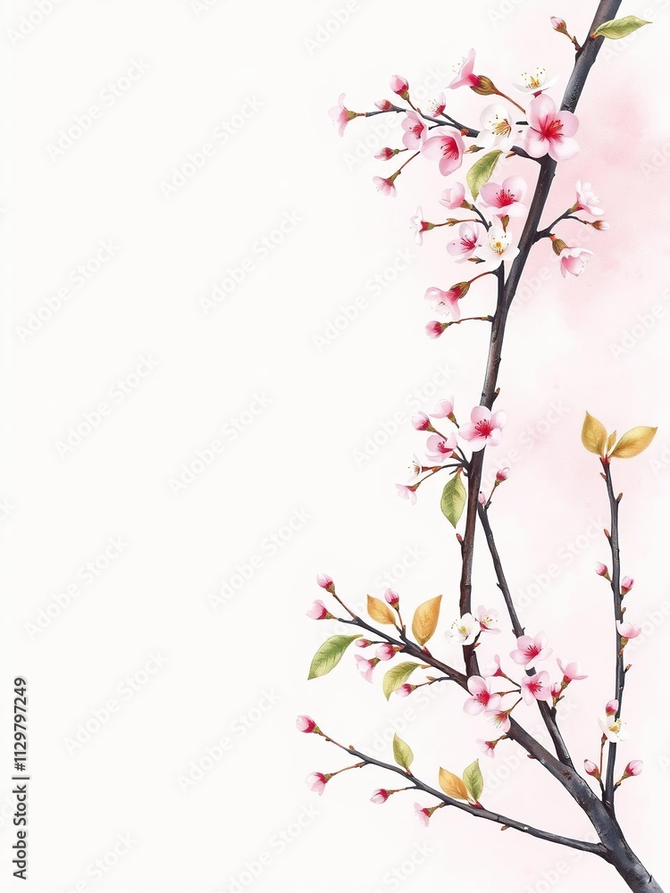 Watercolor background featuring delicate cherry blossom branches on a soft pink backdrop, delicate, pastel, Japanese Watercolor background featuring delicate cherry blossom branches on a soft pink backdrop, delicate, pastel, Japanese