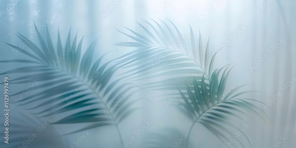 Obraz premium Green palm with reeded glass. Clean texture on stylish transparent background for premium look. Ribbed Background. White Reeded Glass. Summer concept with blurred luxury wall. Plant leaves.