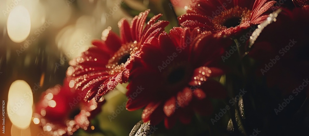 Close-up of dew-covered red gerbera daisies. Close-up of dew-covered red gerbera daisies.
