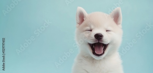 Happy puppy smiling against a light blue background.