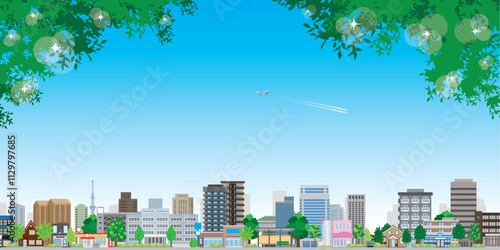 新緑の街並みイラスト.