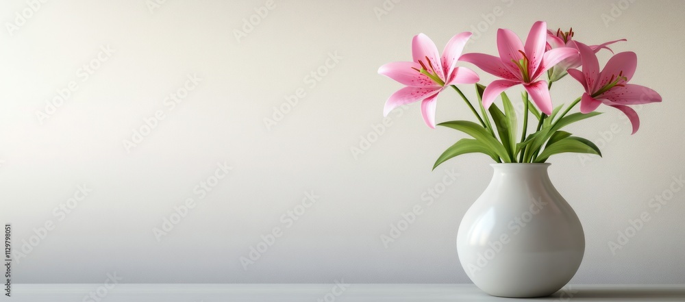 Pink lilies in a white vase against a light background. Pink lilies in a white vase against a light background.