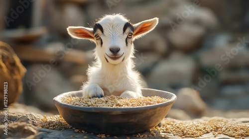 A playful goat eagerly munching on grains from a bowl, showcasing its charming personality in a lovely farm setting. photo