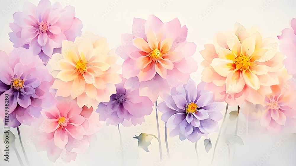 A subtle watercolor painting of dahlias, showcasing soft shades of pink, lavender, and yellow with minimalistic strokes, set on a light gray backdrop, perfect for a calming and refined aesthetic A subtle watercolor painting of dahlias, showcasing soft shades of pink, lavender, and yellow with minimalistic strokes, set on a light gray backdrop, perfect for a calming and refined aesthetic