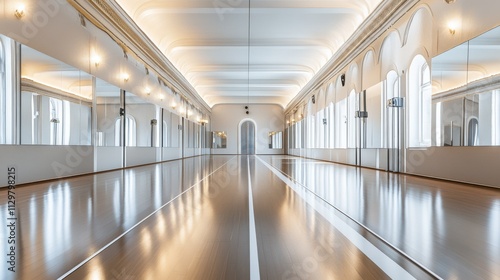 An elegant indoor fencing salle with a metallic piste, bright lighting, and mirrors along one wall photo