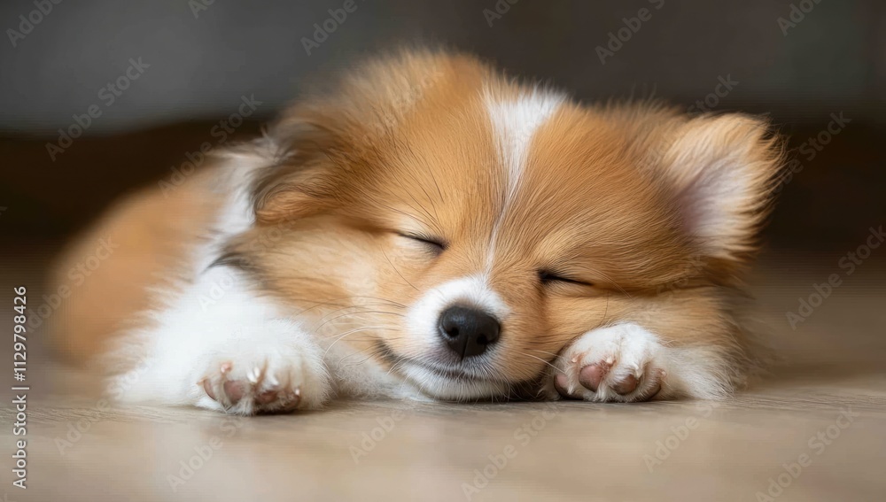 Adorable fluffy puppy sleeping soundly on hardwood floor. Adorable fluffy puppy sleeping soundly on hardwood floor.