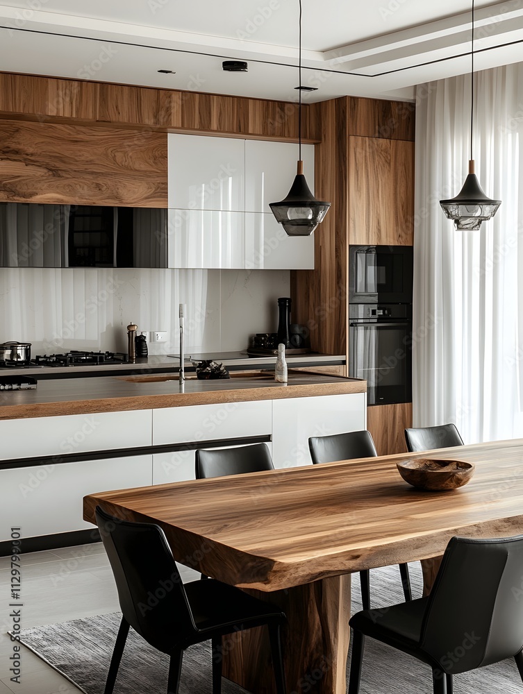 Modern Kitchen and Dining Area with Wooden Table, Black Chairs and Sleek White Cabinets Featuring Ambient Lighting and Contemporary Design Elements. Modern Kitchen and Dining Area with Wooden Table, Black Chairs and Sleek White Cabinets Featuring Ambient Lighting and Contemporary Design Elements.