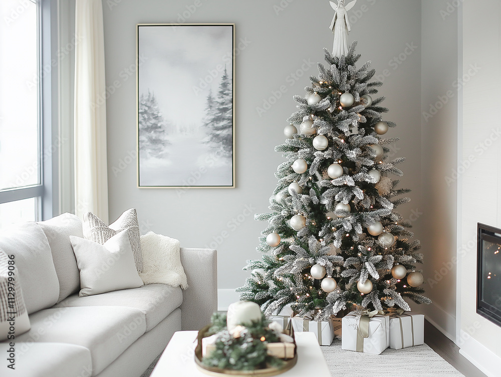 Festive Christmas Tree Decorated with Lights, Ornaments, and Star Topper in Cozy Holiday Setting Festive Christmas Tree Decorated with Lights, Ornaments, and Star Topper in Cozy Holiday Setting