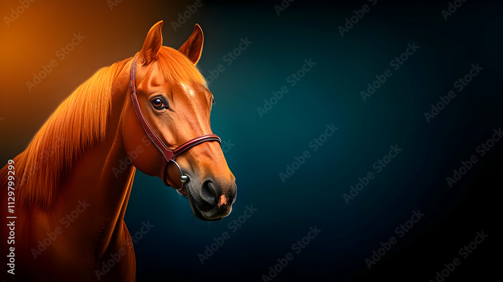 Obraz premium A majestic portrait of a stunning brown horse against a vibrant blue and orange background.