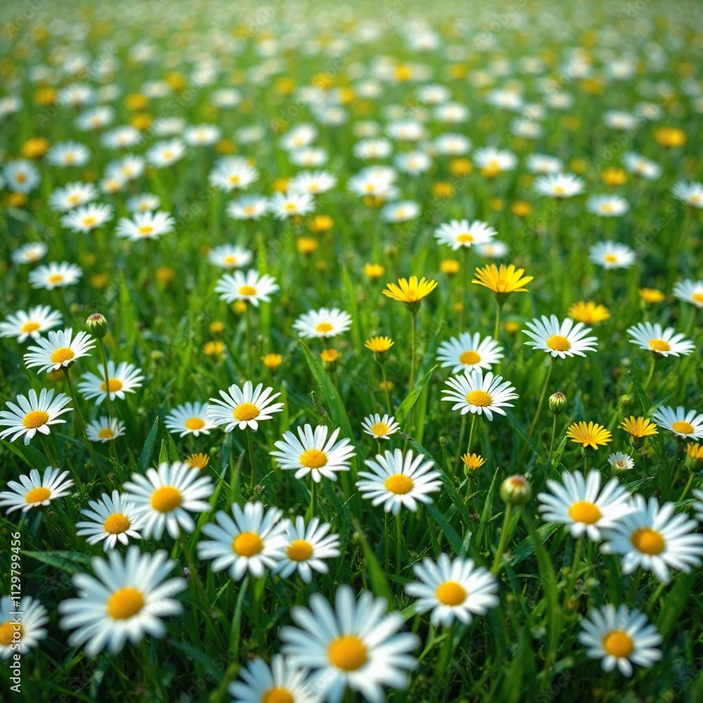 White daisies in a sea of green grass with a few yellow wildflowers scattered throughout, wildflowers, meadow, green grass White daisies in a sea of green grass with a few yellow wildflowers scattered throughout, wildflowers, meadow, green grass