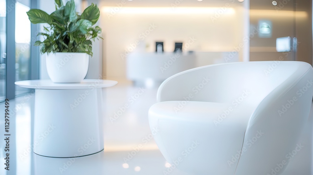 Modern white office waiting area with comfortable chair, plant, and reception desk in the background. Modern white office waiting area with comfortable chair, plant, and reception desk in the background.