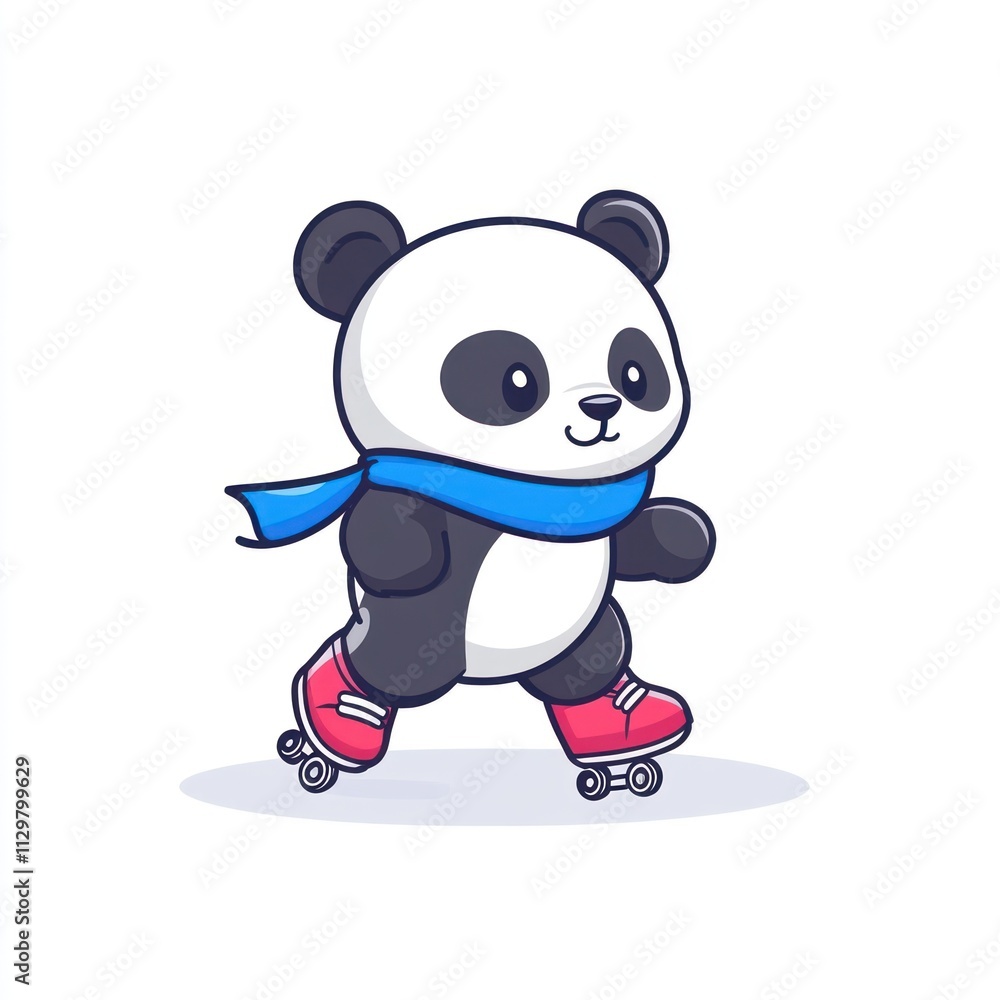 Cute panda ice skating wearing a scarf. Cute panda ice skating wearing a scarf.