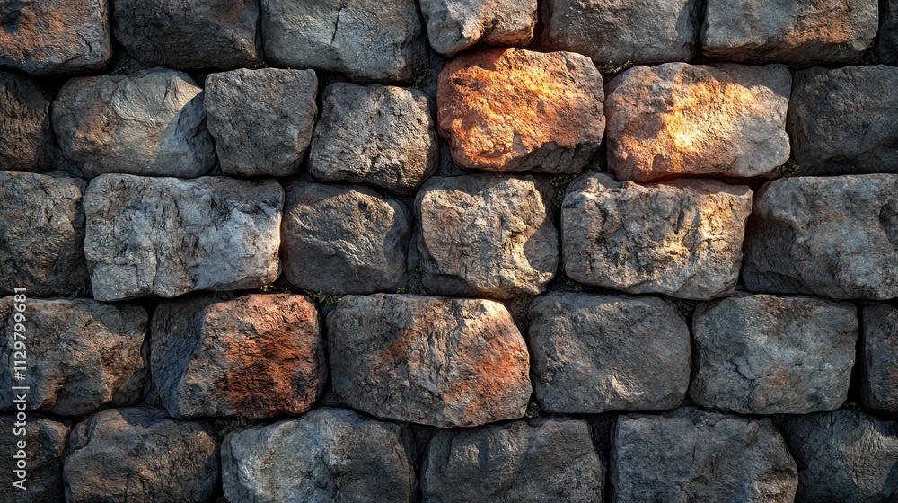 Textured stone wall of an ancient fortress with rugged cracked bricks and natural lighting highlighting its surface Textured stone wall of an ancient fortress with rugged cracked bricks and natural lighting highlighting its surface