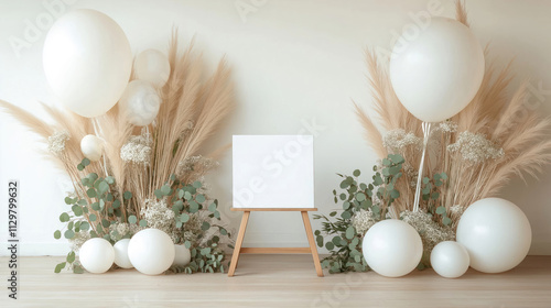 Rustic wooden easel with minimalist white welcome sign surrounded by pampas grass, eucalyptus. Boho wedding decor. White balloons add modern touch. Elegant eco friendly decor for event. Natural photo