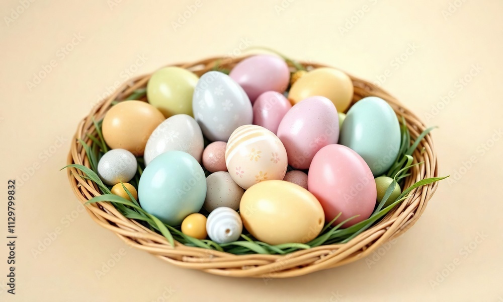 Woven wicker plate filled with an assortment of pastel-colored Easter eggs in a whimsical and playful arrangement, egg hunt , easter eggs Woven wicker plate filled with an assortment of pastel-colored Easter eggs in a whimsical and playful arrangement, egg hunt , easter eggs