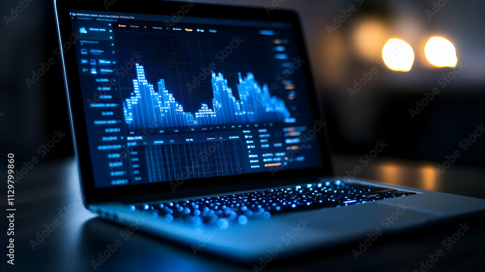 A modern laptop displaying financial data and analytics in a dark environment, emphasizing technology and innovation. A modern laptop displaying financial data and analytics in a dark environment, emphasizing technology and innovation.