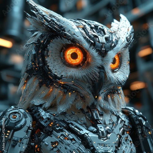 Futuristic Mechanical Owl Illustration in Cyberpunk Style with Vibrant Eyes and Metallic Features photo