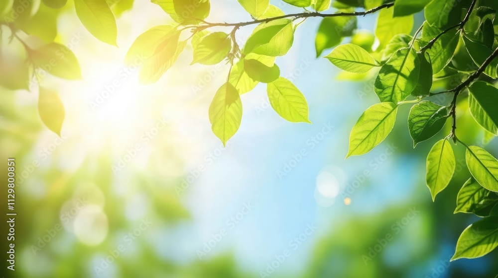 Obraz premium Nature's vibrant summer scene with lush green leaves on branches under bright sunlight.