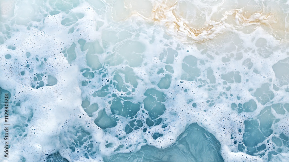 High-angle views of sea landscapes, Serene Top Down View of Soft Sea Foam Patterns High-angle views of sea landscapes, Serene Top Down View of Soft Sea Foam Patterns