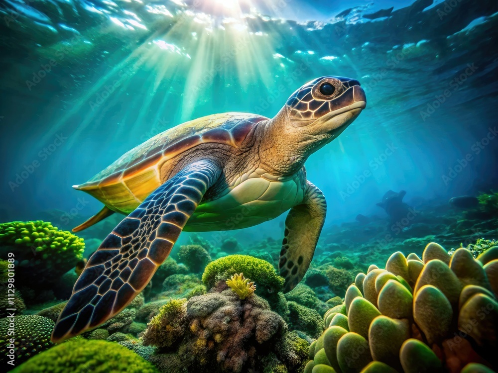 Fototapeta premium Pacific green sea turtle (Chelonia mydas): endangered beauty, captured in stunning wildlife photography.