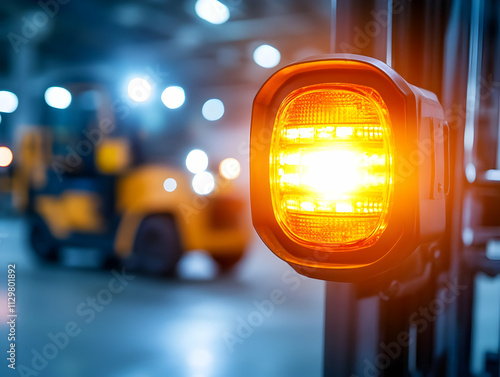 Close-up of an industrial forklift's warning light in a warehouse setting, exemplifying safety protocols in operation.