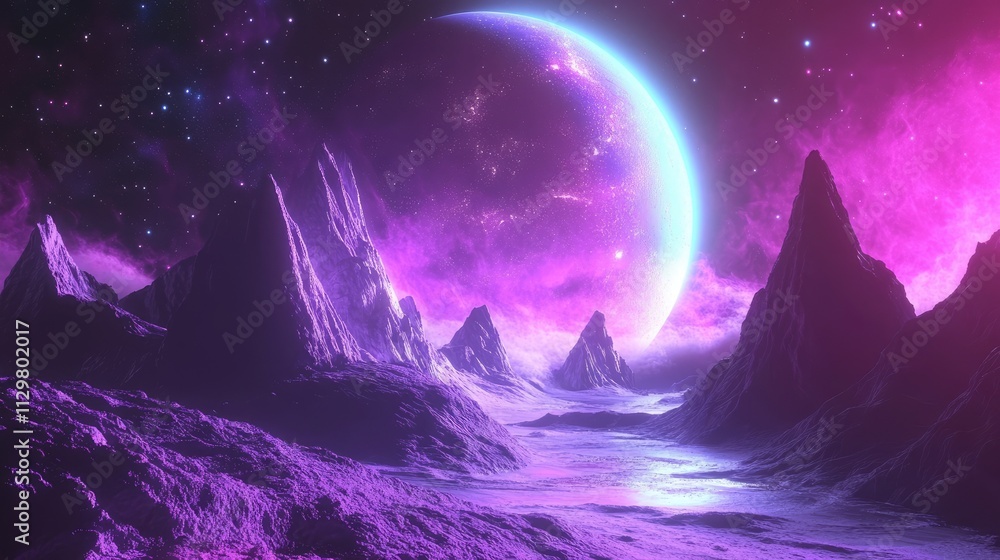 Neon abstract space background with nebula and stars. Futuristic fantasy landscape. Futuristic space sci-fi abstract background, sci-fi landscape with planet, neon light, cold planet. 3d render Neon abstract space background with nebula and stars. Futuristic fantasy landscape. Futuristic space sci-fi abstract background, sci-fi landscape with planet, neon light, cold planet. 3d render