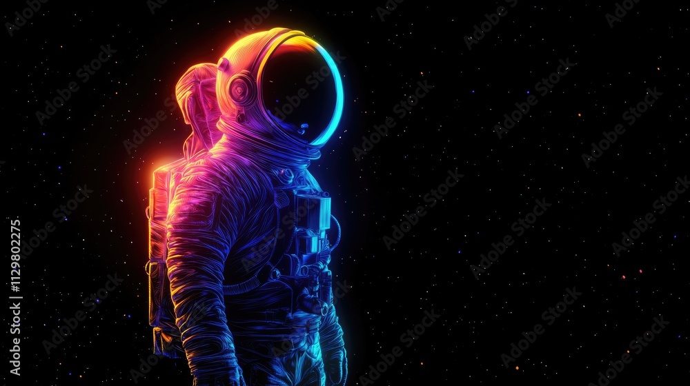 Neon astronaut in space suit with glowing lights isolated on black background. Side view. Neon astronaut in space suit with glowing lights isolated on black background. Side view.