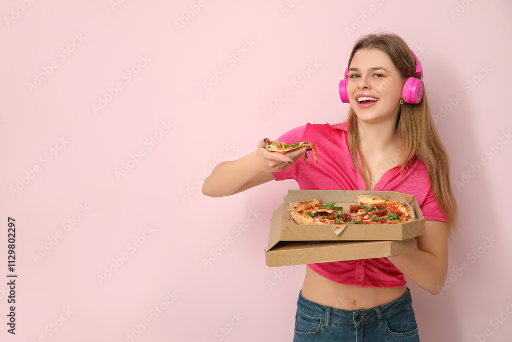 Teenage girl eating delicious pizza Margherita on pink background Teenage girl eating delicious pizza Margherita on pink background