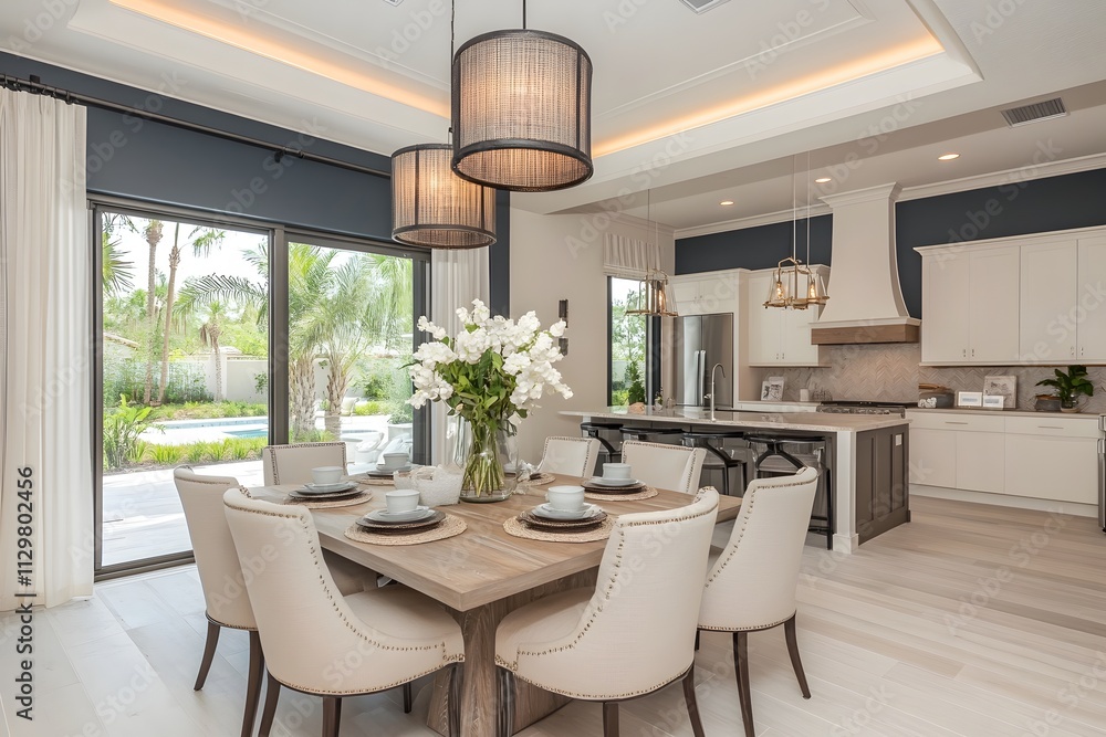 Modern Dining Room with Elegant Wooden Table, Plush Chairs and Ambient Lighting in a Contemporary Kitchen Setting Featuring Natural Light and Sleek Design. Modern Dining Room with Elegant Wooden Table, Plush Chairs and Ambient Lighting in a Contemporary Kitchen Setting Featuring Natural Light and Sleek Design.
