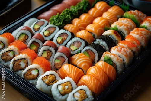 Assorted sushi platter shows various rolls, sashimi. Fresh ingredients like salmon, seafood create vibrant colors. Variety of flavors visible. Platter of sushi displayed. Foodie food photo for online photo