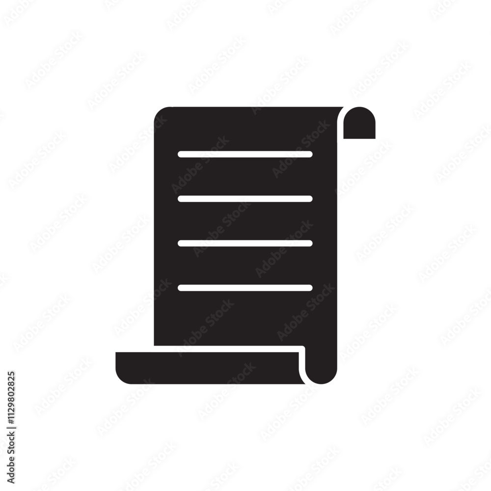 Scroll paper icon. Minimal rolled document. Black vector illustration. Simple flat shape. Scroll paper icon. Minimal rolled document. Black vector illustration. Simple flat shape.