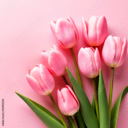 bouquet of blooming pink tulips on light pink background, wallpaper or greeting card