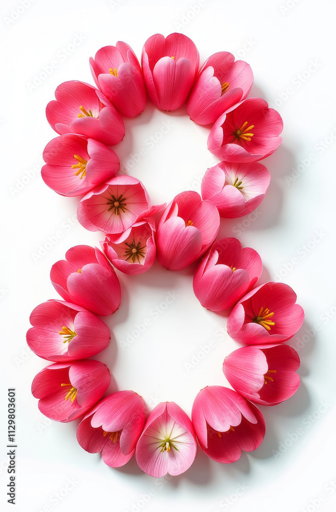 Obraz premium number 8 in the form of pink tulip buds on a white background