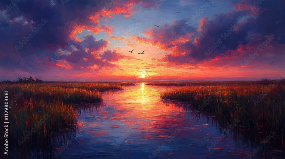 Obraz premium serene sunset marshland scenery with colorful clouds and birds flying