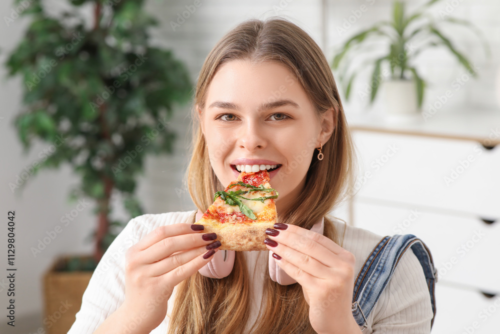 Teenage girl eating delicious pizza Margherita at home Teenage girl eating delicious pizza Margherita at home